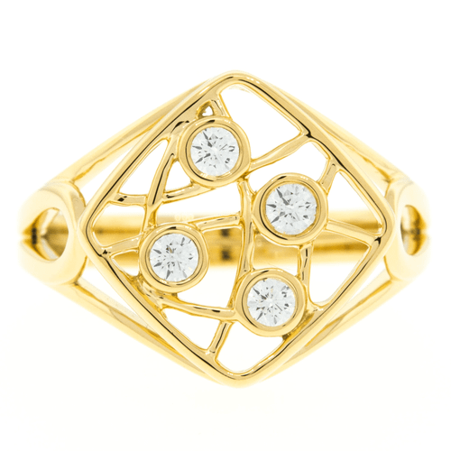 An image of a Hearts On Fire Brocade Square women's ring with diamonds, featuring a yellow gold band and setting. The ring is photographed up close from a top-down angle, showcasing a geometric honeycomb-like pattern. Four sparkling diamonds are symmetrically mounted within the 18k yellow gold framework. The ring is centered and fills the frame, providing a clear view of its design and the brilliance of the diamonds.