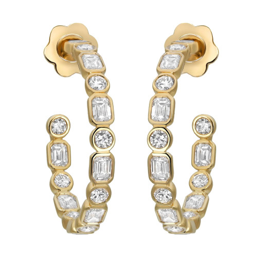 An image of a pair of Rachel Koen women's earrings with lab grown diamonds, showcased against a white background. The earrings are positioned vertically in the center of the frame, close-up, with a front-facing angle that highlights the lustrous diamonds set in a yellow gold base. The design features alternating rectangular emerald and round cut lab grown diamonds, meticulously arranged to create an elegant linear drop.