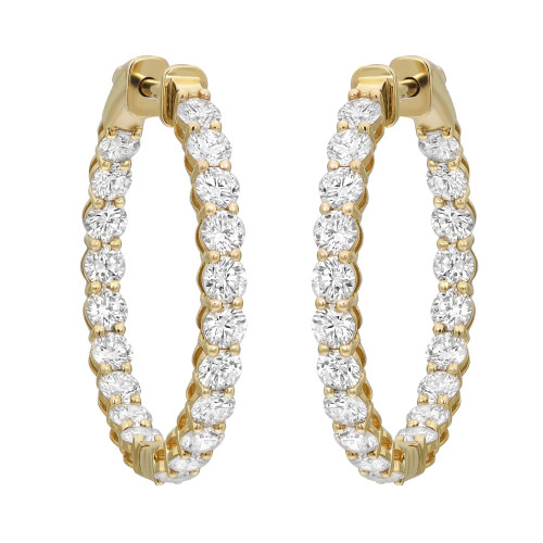 An image of a pair of Rachel Koen women's hoop earrings with lab grown diamonds, shown head-on at a medium distance. The earrings are crafted with multiple round-cut lab grown diamonds encased in a yellow gold setting, arranged in a single row along the full circumference of each hoop. The diamonds are positioned inside out to catch the light, with the earrings appearing symmetrical and the gold providing a warm contrast to the sparkle of the diamonds.