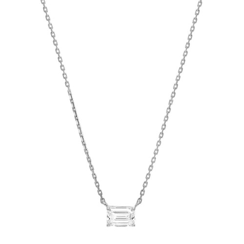 An image of a Rachel Koen women's necklace with lab grown diamonds, displayed against a white background. The necklace features a fine chain with a centre, rectangular emerald cut lab grown diamond pendant. The view is a close-up front angle, showcasing the pendant's sparkle and the delicate links of the white gold chain.