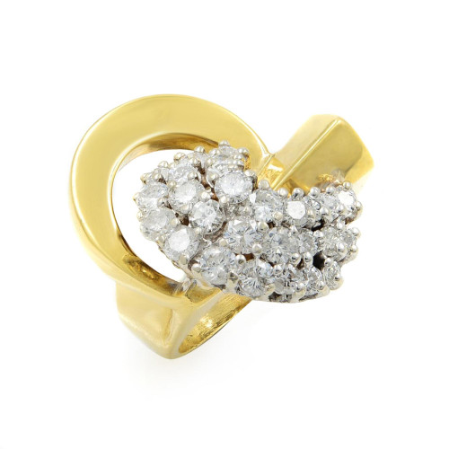 An image of a Rachel Koen brand women's vintage cocktail ring with diamonds, displayed at a 45-degree angle to showcase the intricate cluster of sparkling diamonds set in a heart-shaped motif on a polished 18k yellow gold band. The ring is centered and shown in close-up, filling the frame for a clear view of the design and craftsmanship.