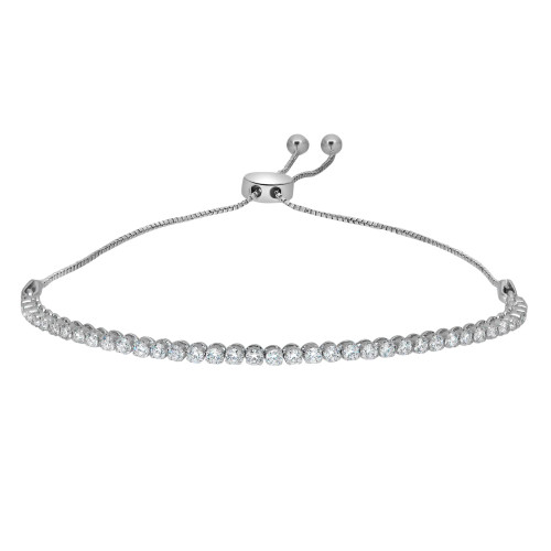 An image of a Rachel Koen brand women's bracelet with lab grown diamonds, presented in a close-up view against a white background. The bracelet is displayed in a straight horizontal line, with the focus on the upper side showing a series of round-cut diamonds set in a shared prong setting. The adjustable sliding closure is visible at the top center, with two small spherical stoppers on a delicate chain, suggesting a flexible fit. The diamonds are positioned to face the camera, maximizing the visibility of their facets and sparkle. The distance from the camera ensures that the entire length of the bracelet is in view, while the angle highlights the bracelet's elegance and craftsmanship.