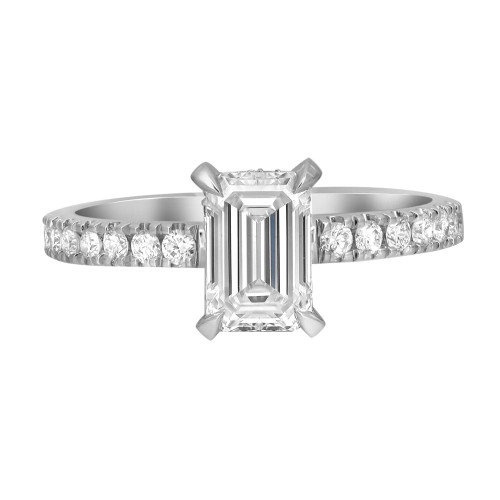 An image of a Rachel Koen women's engagement ring with lab grown diamonds, displayed in a front view. The ring features a prominent, vertically set emerald-cut center diamond, with a band encrusted with smaller round-cut diamonds. The ring is shown in close-up, with clear visibility of the diamond settings and the polished white gold band, set against a neutral background to highlight its details.