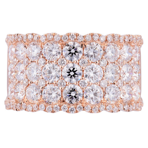 An image of a luxurious Rachel Koen women's ring with diamonds. The ring is presented in a close-up view, showcasing its intricate design with multiple gleaming diamonds set in a rose gold band. The diamonds are arranged in neat rows, reflecting light from various angles to emphasize their sparkle and the ring's detailed craftsmanship. The camera angle is direct and head-on, capturing the ring's full width and allowing for a clear view of its pattern and the individual stones. The distance is close enough to reveal the facets of the diamonds and the textured gold setting, with a focus on the ring's opulent appearance.
