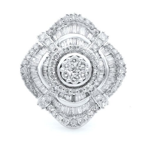An image of a Rachel Koen women's cocktail ring with diamonds, displayed in a close-up, top-down view. The ring features a large, intricate, concentric design with multiple layers of diamonds, including round brilliant and baguette cuts, which create a dazzling pattern of light and reflection. The central focal point is a cluster of round diamonds set in a circular formation, surrounded by concentric circles and arcs of diamonds that increase in size, giving the ring a dynamic and opulent appearance. The image is taken at a direct angle to showcase the ring's detailed craftsmanship and the sparkling diamonds' clarity.