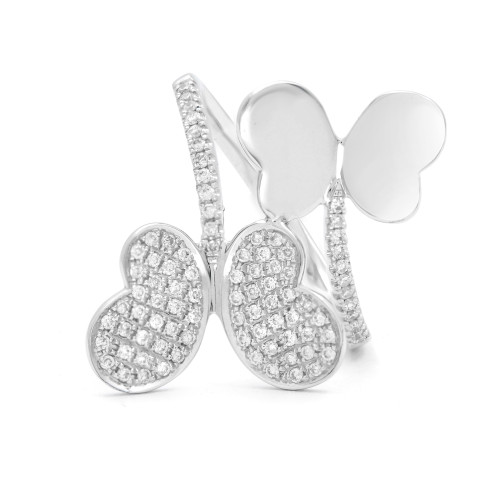 An image of a Rachel Koen brand women's ring with diamonds, prominently featuring a butterfly design with two sets of wings encrusted with multiple small, round-cut diamonds that sparkle against the white gold setting. The ring is displayed at a frontal angle, centered and up-close, occupying most of the image space, allowing for detailed visibility of the diamonds and the design. The background is a pure white, emphasizing the jewelry's silvery shine and intricate details.