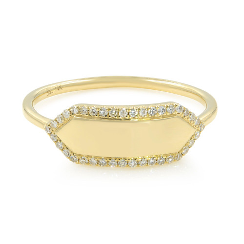 An image of a Rachel Koen women's ring with diamonds, showcased at a close frontal angle to highlight the details. The ring features a polished yellow gold band with a central elongated hexagon plate, encrusted with a pavé of sparkling diamonds along its perimeter. The band curves smoothly around the plate, giving a sleek and elegant appearance. The lighting enhances the brilliance of the diamonds and the warm hue of the gold. The image provides a clear view suitable for evaluating the ring's design and craftsmanship.