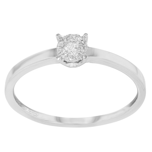 An image of a women's Damiani brand engagement ring with diamonds, captured from a top-down angle showing the ring's design head-on. The ring is centered in the frame with a close-up view, emphasizing the brilliance of the central diamond cluster set in a polished white gold band. The band's sleek, rounded shape leads to the focal point of the ring, where the diamonds sparkle against the neutral background.