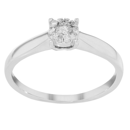 An image of a Damiani brand women's illusion engagement ring with diamond, displayed frontally and centered in the frame. The ring features a prominent diamond set in a six-prong setting, mounted on a polished silver band. The image is taken from a top-down angle, showcasing the sparkle of the central diamond and the sleek design of the band at close distance.