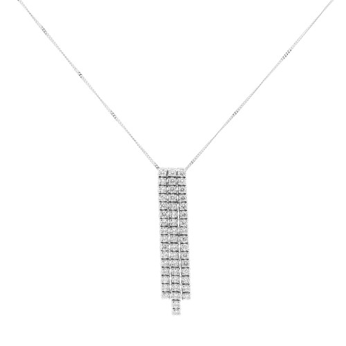 An image of a Piero Milano drop pendant necklace with 3 rows of diamonds for women, displayed against a white background. The earring is shown in a straight-on view, at medium distance, with the diamonds facing forward, capturing the light and demonstrating the piece's sparkle in white gold. The pendant hangs vertically, showcasing 3 rows of small, glittering diamonds set in a precious white gold metal.