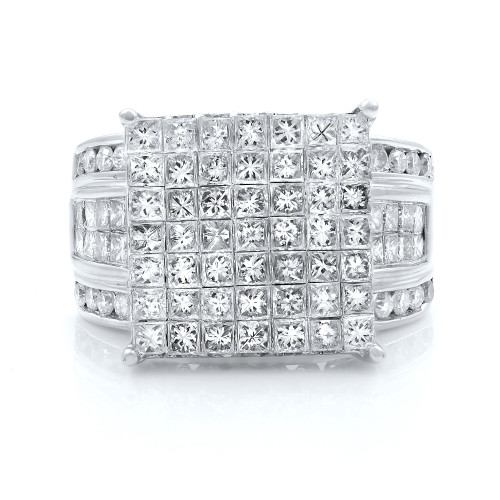 An image of a Rachel Koen women's engagament ring with diamonds, displayed front and center, taking up the majority of the frame. The ring features a large, princess cut setting populated by numerous small, round-cut diamonds arranged in a grid pattern, giving the piece a sparkling, paved appearance. The band is made of polished white gold  with channel-set diamonds along its sides, enhancing the ring's luxurious aesthetic. The image is shot from a direct, frontal angle to fully showcase the design and craftsmanship of the ring.
