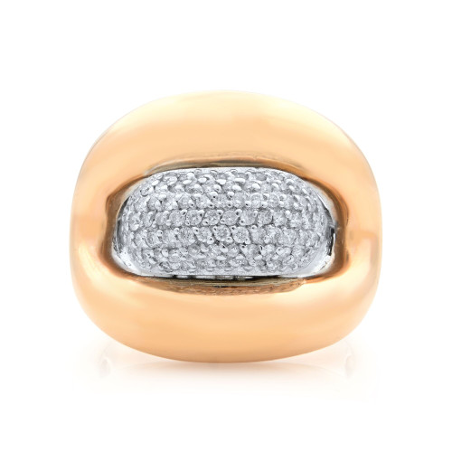 An image of a Rachel Koen brand women's fashion ring with diamonds, presented in a close-up view directly centered and facing the camera. The ring features a bold, rounded rose gold band with a smooth, polished surface. Encased within the top center of the band is an oval inset filled with numerous small, sparkling round cut diamonds set closely together in a white gold band, creating a contrast between the reflective metal and the glistening stones. The image is taken from a front angle, emphasizing the ring's design and the diamonds' brilliance.