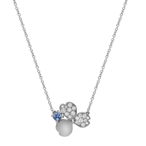 An image of a women's Tiffany & Co. necklace with diamonds, displayed frontally. The necklace features a delicate platinum chain with a center pendant composed of a flowers with two petals embellished with diamonds and one blue tanzanite gemstone at the center, against a white background. The pendant is presented at a straight-on angle and positioned centrally, offering a clear view of its intricate design and sparkling stones. The image is taken from a medium distance, allowing the entire necklace to be visible.