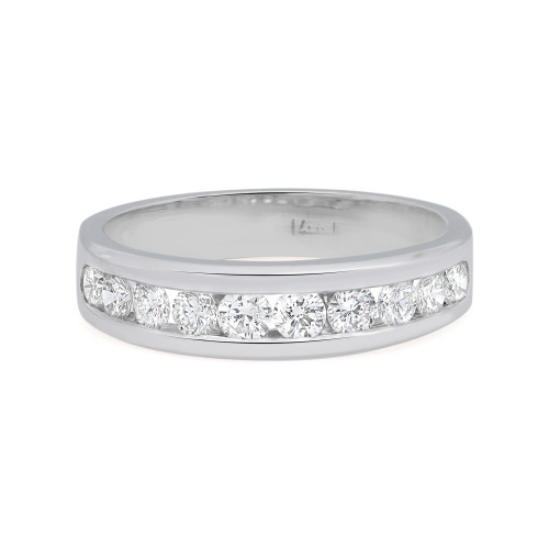 An image of a Rachel Koen women's wedding ring featuring a channel of round-cut diamonds set in a polished white gold band. The ring is centered and presented at a slight angle, allowing for a clear view of the diamonds and the band's profile. The image is taken from a close, yet comfortable distance that showcases the brilliance and details of the diamonds as well as the craftsmanship of the ring.The ring is pre-owned in a great condition.