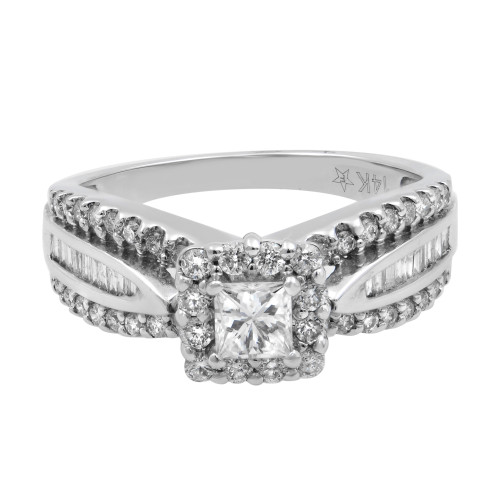 An image of a Rachel Koen women's engagement ring with diamonds, captured from a front-facing angle showcasing the design details. The ring features a prominent central princess cut diamond surrounded by round brilliant-cut diamonds set in a halo pattern in white gold. Additional baguette-cut diamonds are channel-set along the ring's shoulders, flanked by two rows of round diamonds. The band is polished and visible from the front, with the brand's hallmark engraved on the side. The ring is displayed in close-up, focusing on the intricate setting and the sparkle of the diamonds.