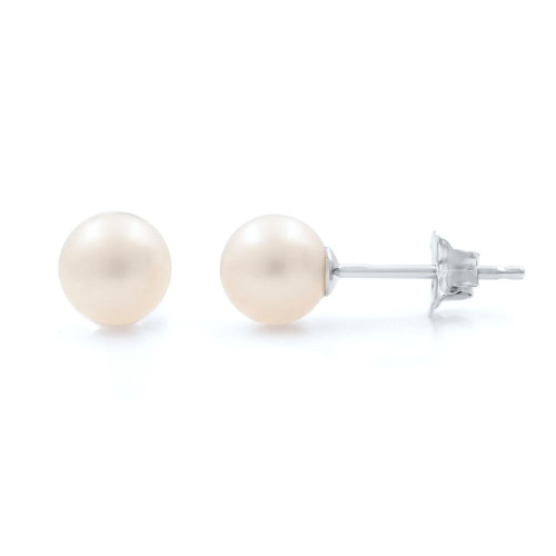 An image of a pair of Rachel Koen gemstone earrings for girls, showcased against a white background. The earrings feature two lustrous, round freshwater pearls positioned side by side at a front-facing angle, with one earring slightly closer to the camera, giving a clear view of the pearl's surface and the shiny white gold push back post. The distance between the earrings and the camera allows for a detailed view of the pearls' texture and the reflective quality of the metal.