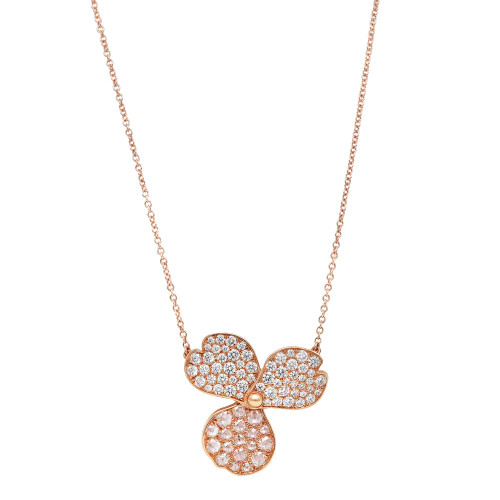 An image of a Tiffany & Co. women's necklace with diamonds, featuring a delicate flower pendant with three petals encrusted with sparkling round diamonds, set in rose gold. The necklace is displayed against a white background, with the pendant centrally positioned and the chain extending symmetrically from both sides. The pendant is shown at a straight-on angle, providing a clear view of the diamond details, and the image is taken from a close distance to capture the intricacies of the design.