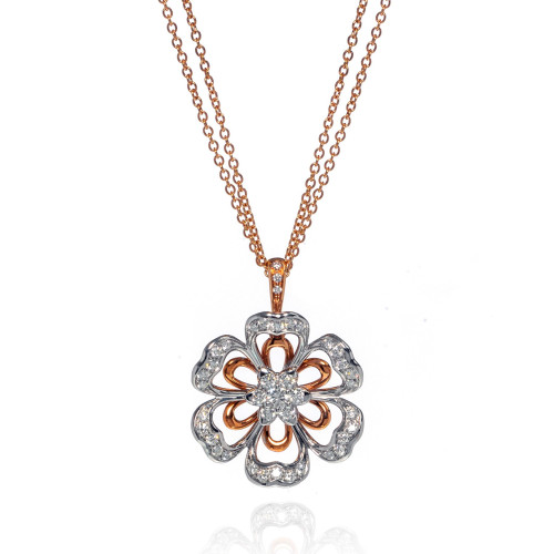 An image of a new Luca Carati women's necklace with diamonds, showcasing a rose gold double chain leading to a floral pendant. The pendant, prominently displayed in the center at a front-facing angle, features rose gold petals alternating with white gold petals encrusted with diamonds, all centered around a larger diamonds. The necklace is photographed against a white background, and the image is taken from a medium distance, allowing for a clear view of the intricate details and sparkling gems.