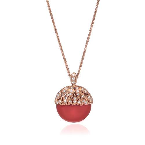 An image of a new Luca Carati women's necklace with diamonds and gemstones. The necklace features a central round red agate gemstone with a rose gold, diamond-encrusted cap resembling a flower's petals. The pendant hangs from a delicate rose gold chain. The image is taken from a front-facing angle against a white background, with the necklace appearing in sharp focus at a close distance, allowing for detailed appreciation of the jewelry's design and craftsmanship.