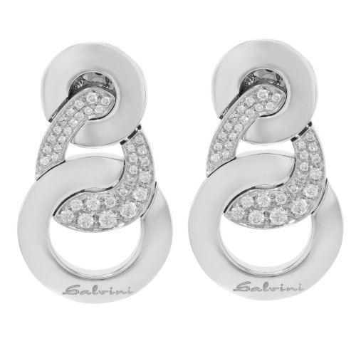 An image of a pair of Salvini women's earrings with diamonds, viewed head-on. The earrings feature a swirling design with two intertwined loops. The inner swirl is adorned with numerous small, sparkling round cut diamonds set against a polished white gold, while the outer loop is smooth and unembellished. The earrings are symmetrical, with the brand name "Salvini" inscribed on the lower part of each earring. The photo is taken from a medium distance, allowing both earrings to be in focus and capturing the intricate details of the diamond settings.