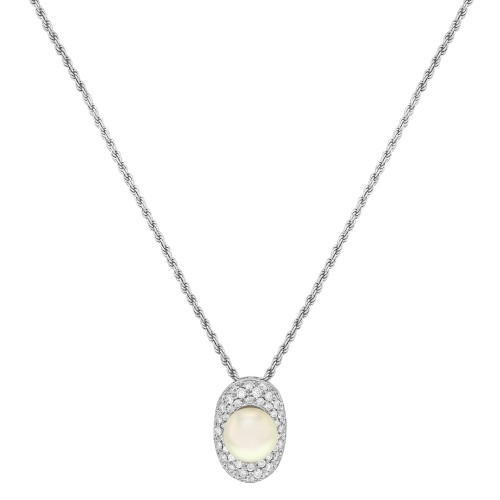 An image of a Rachel Koen women's pendant necklace with diamonds and pearl. The necklace features a central round gemstone surrounded by a halo of small round cut diamonds, showcased on a white gold chain. The pendant is centered and displayed at a frontal angle, providing a clear view of its design. The image is shot from a medium distance, allowing the entire length of the necklace to be visible against a neutral background.