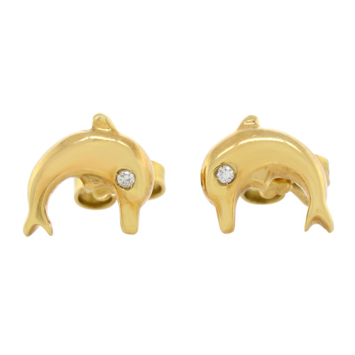 An image of a pair of Rachel Koen brand women's stud earrings with diamonds. The earrings are positioned front-facing with a medium distance from the viewer, providing a clear view of their yellow gold-toned dolphin-shaped design. Each earring has a single round-cut diamond embedded near the center of the dolphin's body, catching light at a straight angle. The background is white, accentuating the earrings' color and sparkle.