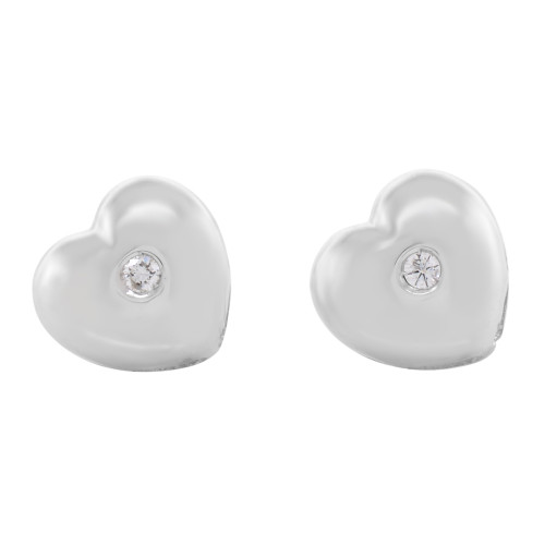An image of a pair of Rachel Koen brand women's stud earrings with diamonds, displayed against a white background. The earrings are shaped like hearts and are oriented straight-on to the camera, ensuring a clear and unobstructed view. Each earring features a single, prominent diamond, centrally mounted and appearing to catch light, placed at about one-third from the top edge of the earring. The earrings are shown in close-up, providing a detailed view of their design and the reflective quality of the polished white gold surrounding the diamonds.