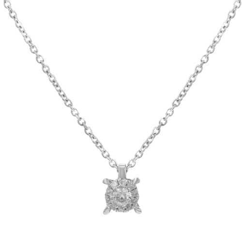 An image of a Bliss by damiani brand women's pendant necklace with diamonds, displayed frontally at a close distance. The necklace features a delicate white gold chain with a round turtle diamond pendant, centered and captured from a straight-on angle against a white background.