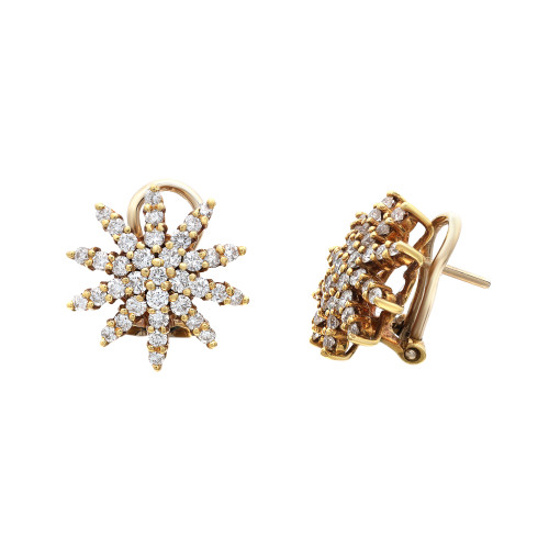 An image of a pair of Rachel Koen women's earrings with diamonds, displayed against a white background. The earrings are designed to resemble a burst or star-like shape with multiple rays extending from a central point. Each ray is embellished with small, round, brilliant-cut diamonds set in a yellow gold. The earring on the left is shown in a frontal view highlighting the design and the sparkle of the diamonds, while the one on the right is turned to show the side angle, revealing the earring post and the three-dimensional aspect of the setting. The earrings are pre-owned in a great condition. 