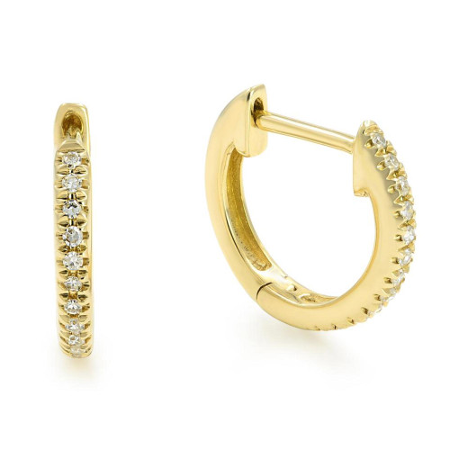 An image of a pair of Rachel Koen brand huggie earrings designed for women, showcasing a close-up frontal view on the left and a side angle on the right against a white background. The earrings are yellow gold huggies with a line of small, round-cut diamonds embedded along the front side, visible from both angles. The craftsmanship highlights the brilliance of the diamonds and the polished finish of the yellow gold.