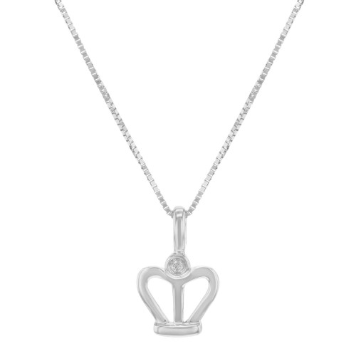 An image of a Bliss by Damiani pendant necklace designed for women, featuring a crown pendant. The necklace is captured at a front-facing angle against a white background, showcasing the pendant at the center. The pendant has a unique design resembling a crown with a studded round sparkling diamond. The white gold chain itself is composed of square-shaped links that glint with a silver sheen, suggesting a fine quality and craftsmanship. The image is taken from a medium distance, allowing for a clear view of the necklace's details while maintaining a focus on the pendant.