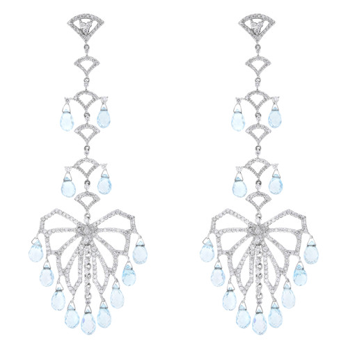 An image of a pair of Rachel Koen women's chandelier drop dangle earrings featuring diamonds and aquamarine set in a white gold. The earrings are displayed against a white background in a symmetrical frontal view. Both earrings are positioned vertically with a slight distance between them, offering a clear view of their intricate design. They consist of a series of interconnected diamond-studded shapes, culminating in a large, ornate drop-shaped element at the bottom, from which multiple teardrop-shaped blue aquamarine dangle gracefully. The overall impression is one of elegance and luxury.