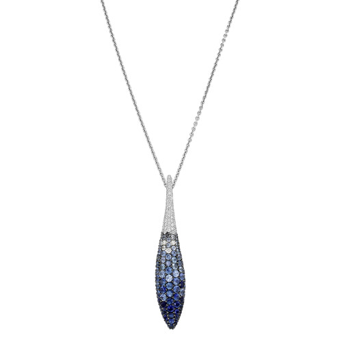 An image of a Salavetti women's necklace with diamonds and blue sapphire, displayed against a white background. The necklace features a vertically oriented pendant with a gradient of blue gemstones, transitioning from light to dark, set in a teardrop shape. The pendant is attached to a delicate white gold chain that is shown from a front-facing angle, providing a clear and close view of the intricate design and sparkling stones.