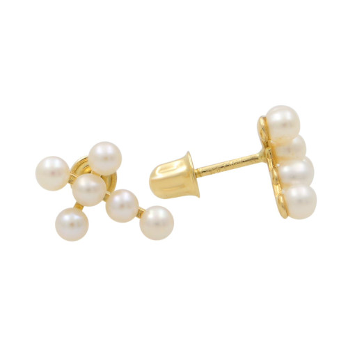 An image of a Rachel Koen brand tiny freshwater pearl cross stud earring set in a yellow gold designed for women. The earring is displayed against a white background in a close-up frontal view, showcasing its golden finish and several spherical, lustrous pearls of different sizes arranged in a cluster. The earring post and backing are visible, indicating how it is worn.