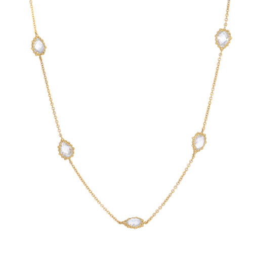 An image of a Rachel Koen women's seven quartz necklace, shown in a close-up, front-facing view. The necklace features a delicate gold chain with evenly spaced quartz accents. The gemstones are encased in yellow gold, and the necklace is positioned against a white background, with the chain creating a soft, wavy line that showcases the sparkling stones at different angles to catch the light.