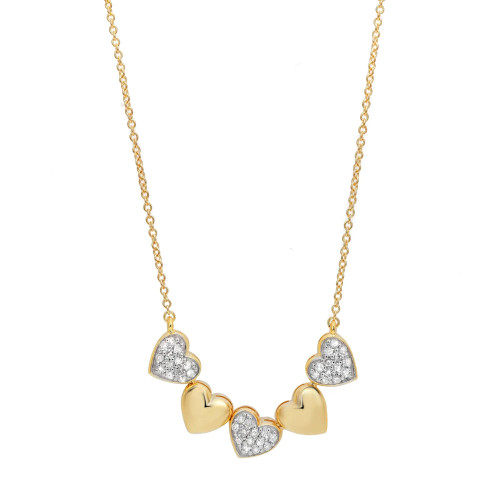 An image of a Rachel Koen women's necklace with diamonds, displayed against a white background. The necklace features a yellow gold chain with evenly spaced heart-shaped pendants, alternating between solid gold hearts and hearts filled with paved diamonds. The image is taken from a front-facing angle, showcasing the necklace in its entirety from a medium distance, which allows for clear visibility of the pendant details and the chain's texture.