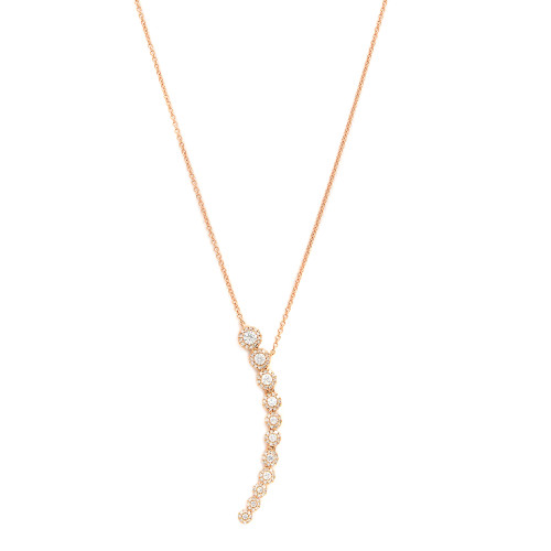 An image of a Rachel Koen brand women's crescent necklace with diamonds, displayed against a plain white background. The necklace features a delicate rose gold chain with a vertical pendant design. The pendant consists of multiple circular settings, each encrusted with sparkling diamonds, arranged in a slightly curved line that gives the impression of movement. The image is taken from a straight-on viewpoint with the necklace positioned centrally and the pendant hanging downwards, providing a clear view of the intricate details and the shimmering stones. The distance is such that the entire length of the necklace is visible, allowing for a full appreciation of its elegance and design.