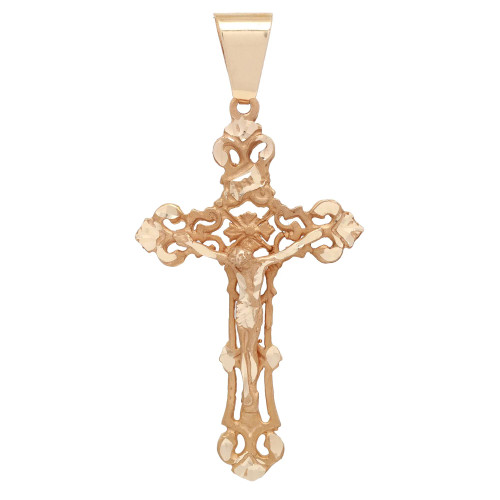 Front view of the crucifix pendant showing filigree design with Jesus motif on top of the cross in yellow gold without chain.