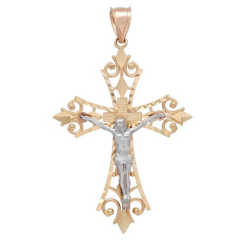 Front view of the two tone crucifix filigree cross pendant in yellow gold with jesus in the center in white gold without chain