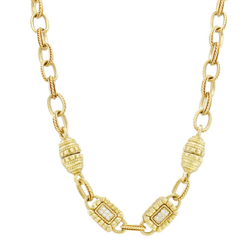 An image of a Rachel Koen brand unisex vintage adult necklace with diamonds, positioned centrally and shot at a straight angle. It features a yellow gold chain with a close-up, clear view, revealing intricate links and two symmetrical diamond-encrusted segments that are in sharp focus. The necklace is displayed against a white background. Great preowned condition.
