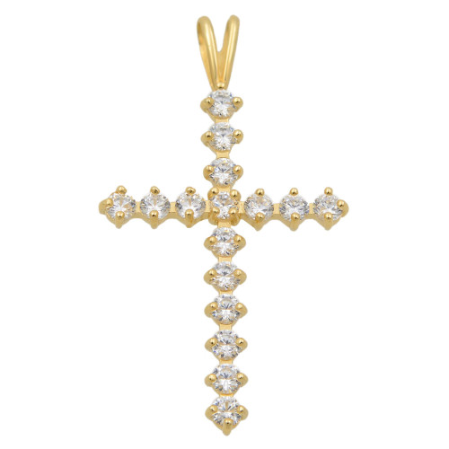 An image of a Rachel Koen brand necklace designed for women, featuring a medium yellow gold cross pendant with cubic zirconia . The pendant is centered and displayed at a front-facing angle against a white background, allowing a clear view of the gemstones and their settings. The necklace is shown in close-up, with the pendant occupying most of the image, providing a detailed view of its design.