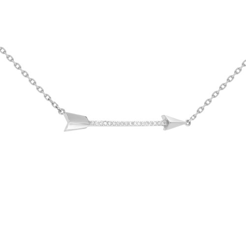 An image of a Rachel Koen women's necklace with diamonds. The necklace features a horizontal arrow design with a row of sparkling diamonds set along the arrow's shaft, centered between a white gold chain. The arrowheads at both ends point outwards. The image is taken from a front-facing angle with the necklace positioned against a white background, showing the piece in clear, close-up detail.
