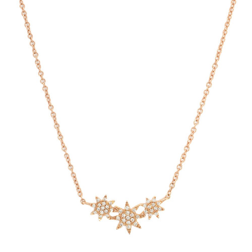 An image of a Rachel Koen women's necklace with diamonds, displayed against a white background. The necklace features a rose gold chain with a frontal design of three mini stars shapes adorned with sparkling diamonds. The necklace is centered and shown in a straight horizontal position, providing a clear view of the starburst detail. The image is taken from a front-facing angle and at a close distance to capture the intricate design and shimmering diamonds.
