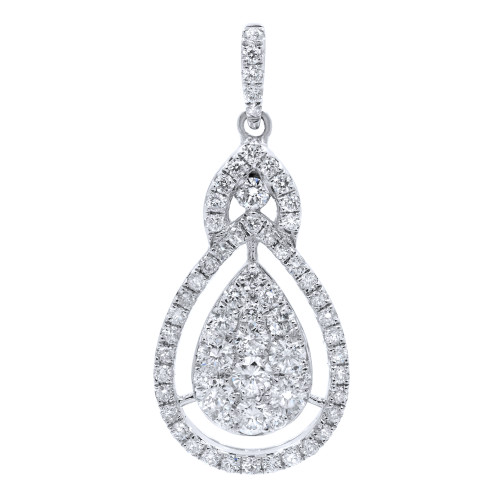 An image of a Rachel Koen women's necklace with diamonds, shown from a front-facing view with a close-up angle. The necklace features a pear-shaped halo cluster drop pendant with an intricate design of smaller diamonds encircling a larger cluster of diamonds, all set in a sparkling white gold. The pendant is suspended by a small, diamond-encrusted loop, allowing for attachment to a chain. The photograph is taken against a white background, highlighting the brilliance and details of the diamonds and metalwork.