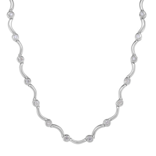 An image of a Rachel Koen brand link necklace designed for women, featuring a series of round-cut diamonds set in bezels evenly spaced along a delicate white gold chain. The necklace is displayed against a white background, with the chain creating a gentle wave-like pattern as it descends in the center, positioned head-on at a medium distance, allowing for a full view of the jewelry's design and the sparkling diamonds.