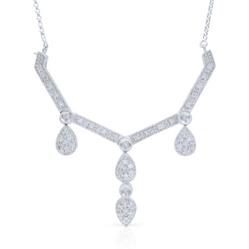 An image of a Rachel Koen diamond white gold necklace on a chain transformer for women, displayed front and center against a white background. The necklace features a delicate chain with a central V-shaped pendant adorned with small diamonds. From the pendant hang three teardrop-shaped elements, each encrusted with diamonds, with the central drop slightly larger and hanging lower than the others, creating a symmetrical and elegant design. The image is taken from a straight-on angle, providing a clear and detailed view of the necklace's intricate details.