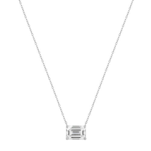 An image of a Rachel Koen brand unisex adult necklace with lab grown diamonds, showcasing a central emerald-cut lab grown diamond pendant in a four-prong setting. The pendant is positioned in the center at a straight-on angle, providing a clear view of the diamond's facets. The pendant hangs from a delicate white gold chain visible on both sides, with the image taken at a close distance against a white background, emphasizing the necklace's simplicity and elegance.
