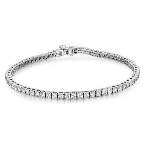 An image of a Rachel Koen unisex adult bracelet with lab grown diamonds, positioned centrally and photographed from a top-down angle. The bracelet forms a complete circle and is displayed against a white background, emphasizing its luster and sparkle. The lab grown diamonds are set in a uniform, continuous line around the band, and the clasp is visible at the top, indicating the bracelet's opening mechanism. The view is from a medium distance, allowing for a clear view of the entire bracelet and its intricate details.