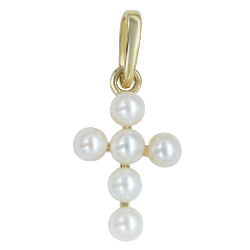 An image of a Rachel Koen brand necklace for women, featuring a petite yellow gold pendant in the shape of a cross with six pearls. The pendant is displayed against a plain white background, shown in a close-up front view, with the pendant oriented vertically and the clasp at the top.