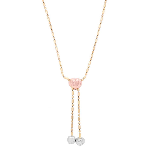 This image features a Rachel Koen women's lariat necklace in multicolor gold without stones, displayed against a white background. The necklace boasts a delicate multicolor gold chain with an embossed rose gold heart pendant and two dangling white gold hearts. The necklace is photographed from a front-facing angle, centered and up-close, offering a clear view of its intricate details